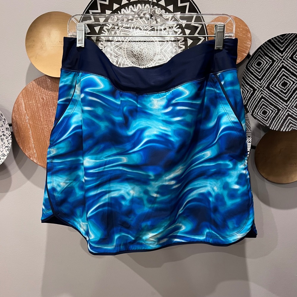 Lands End Womens Blue Water Ripple Print Athletic Skort Swim